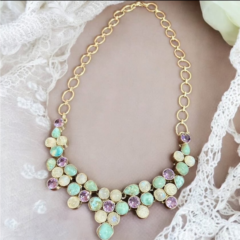 VINTAGE Larimar Rainbow Moonstone & Faux Amethyst 925 Silver Bib Necklace Women